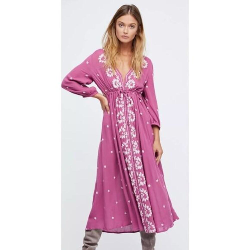 Free People magenta‎ embroidered midi dress